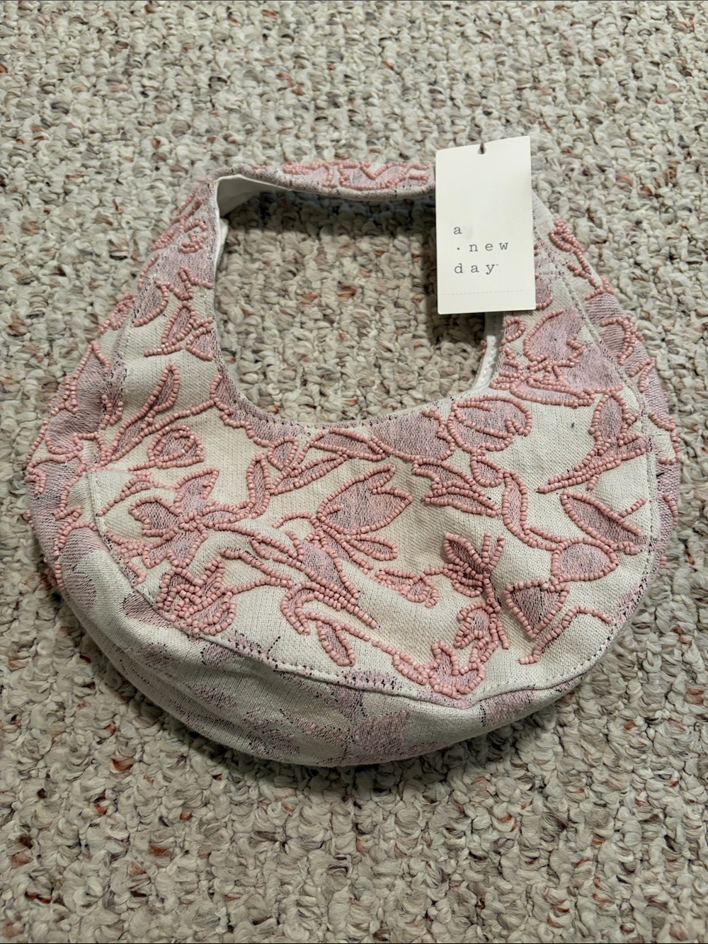 a new day Cream and Pink Beaded Hobo Shoulder Bag